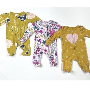 Carters Pajamas Newborn 3 Pair Zip Cotton Flower Heart NB Baby Footies